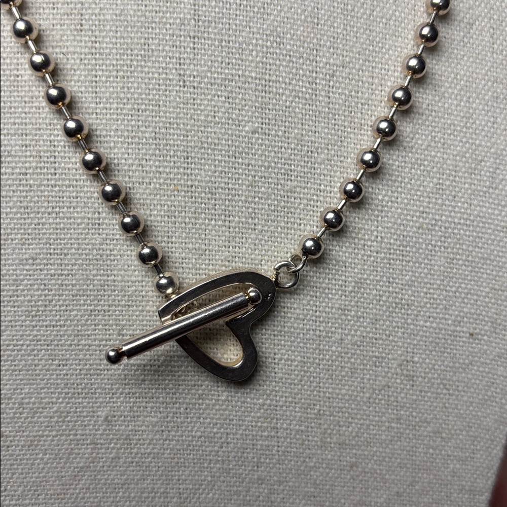 Ball Bead Chain Open Heart T-Bar Toggle Clasp Boule Silver Necklace Stamped - Picture 3 of 8